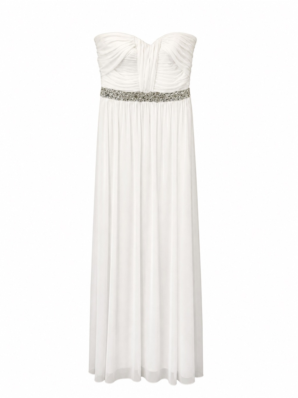 White Chiffon Strapless Maxi Dress Jeweled Bridal Prom Ethereal Sz 7